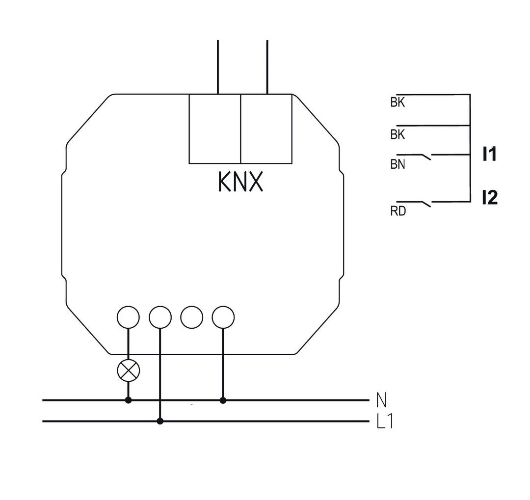 Diagramm eines KNX-Lastsensors mit zwei Ausgängen. Zeigt die Verkabelung mit Beschriftung: BK, BN, RD für I1 und I2.