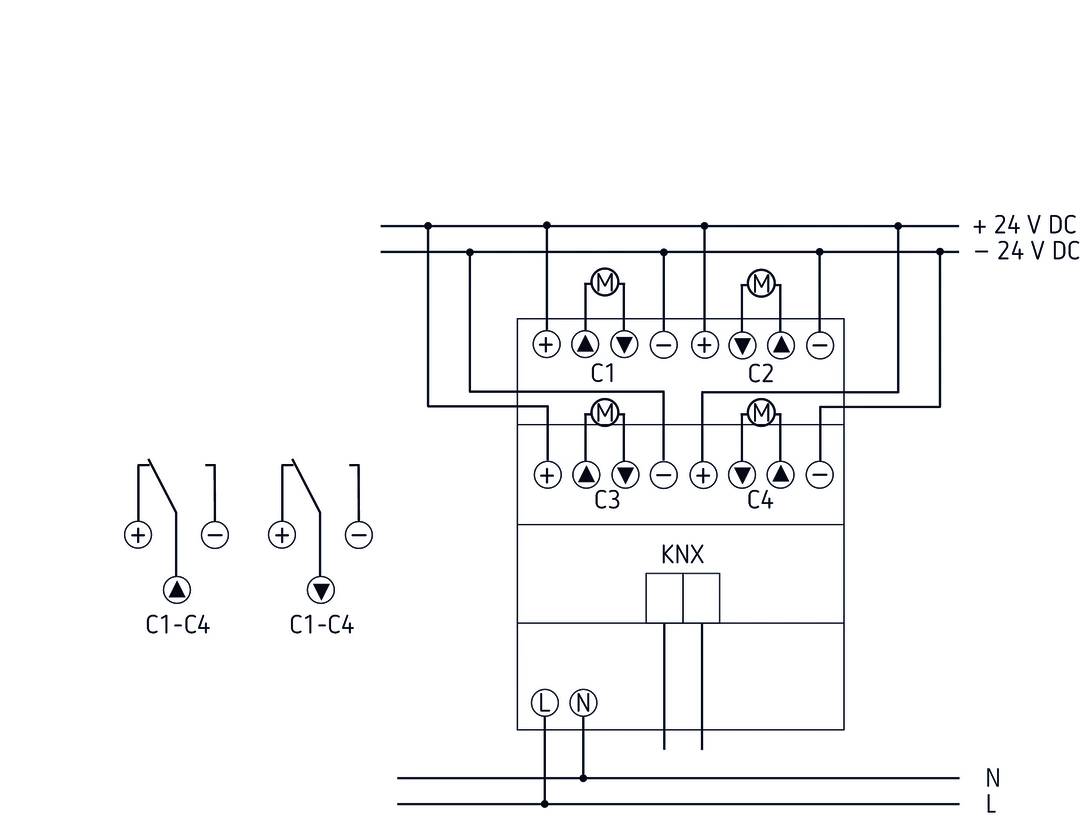 Schaltplan zeigt elektrische Verbindung zwischen vier Komponenten (C1-C4) und KNX-Steuergerät. Linien repräsentieren Schaltkreise.