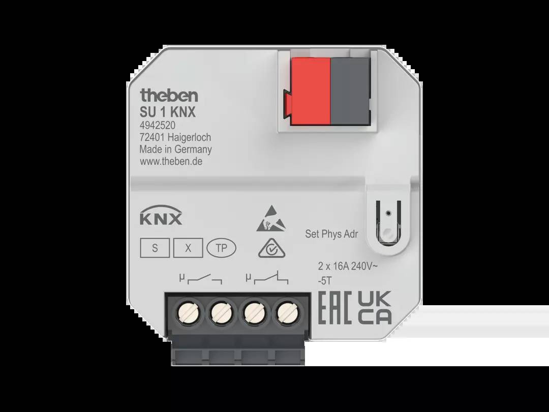 Ein KNX-Gerät 'SU 1 KNX' von Theben mit technischen Spezifikationen und Zertifizierungen auf der Vorderseite.
