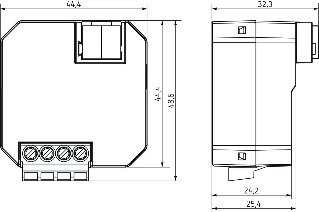 Technische Zeichnung eines rechteckigen Gerätes, zeigt Vorder- und Seitenansicht mit Maßangaben: 44,4 mm x 48,6 mm und 32 mm Tiefe.