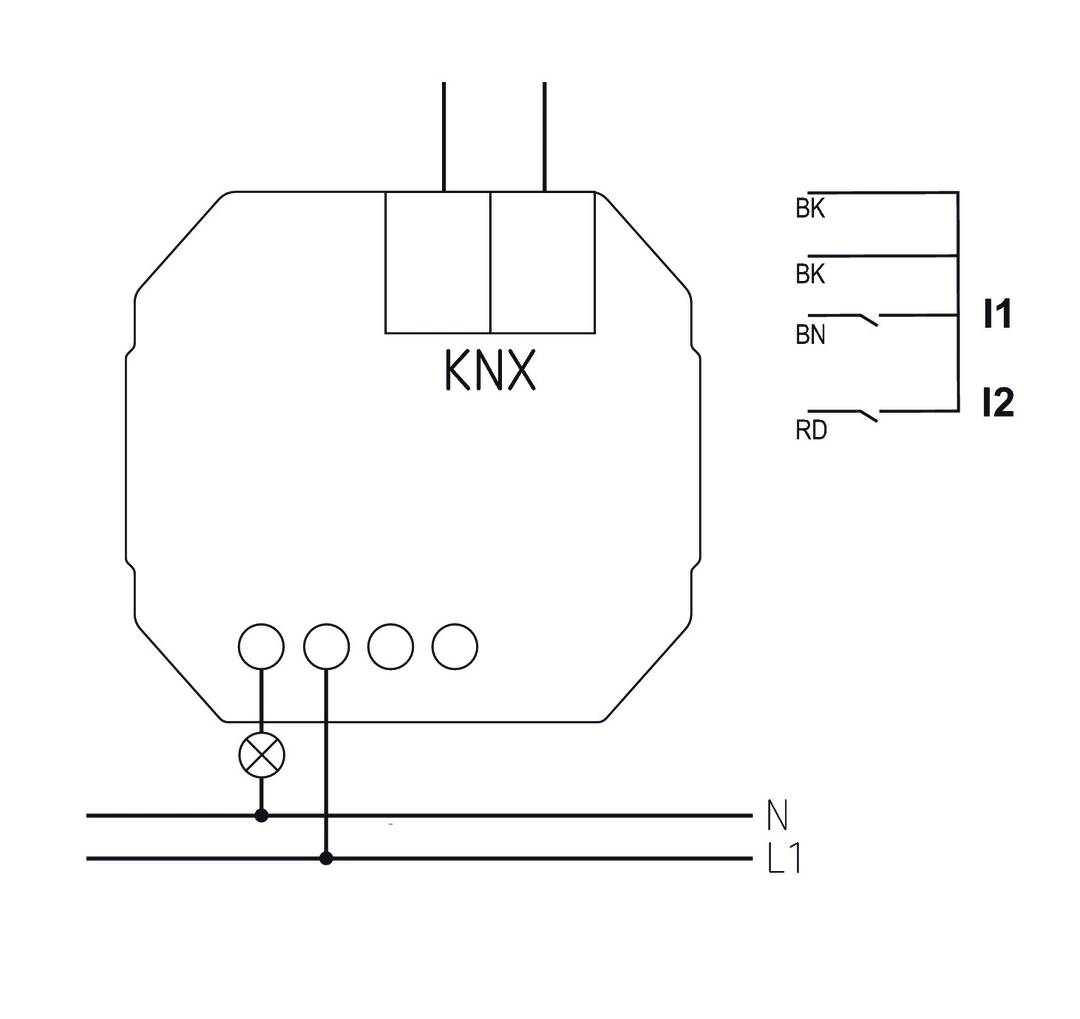 Schaltplan für KNX-Modul mit Kennzeichnung der Leiter L1 und N sowie den Kabelverbindungen BK, BN und RD zu den Anschlüssen I1 und I2.
