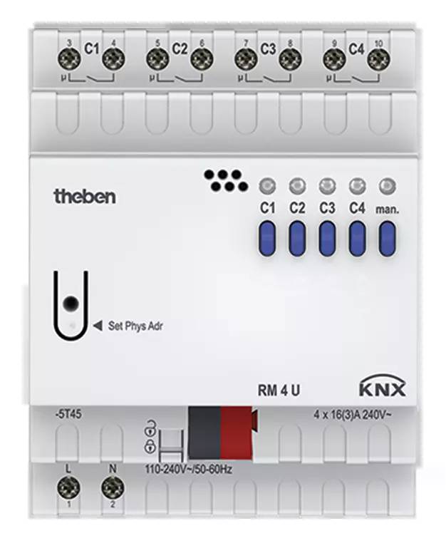 'Theben RM 4 U' KNX-Modul mit Bedientasten C1-C4, Vorrichtungen zur physischen Adressierung und Schalter für manuelle Steuerung.