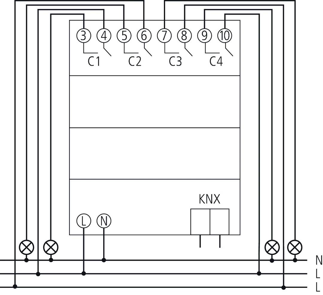 Schaltplan eines elektrischen Verteilerkastens mit vier Kanälen (C1 bis C4), Anschlüssen für L, N und KNX-Steuerung.