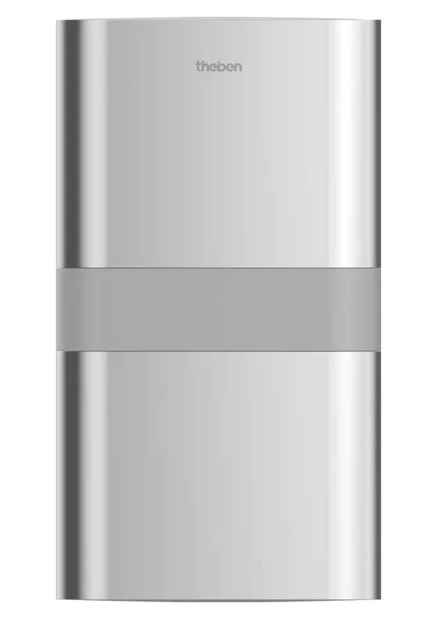 Graues, vertikales Gerät mit mittlerem horizontalem Band. Glänzende Oberfläche, möglicherweise ein Haushaltsgerät oder technisches Produkt.