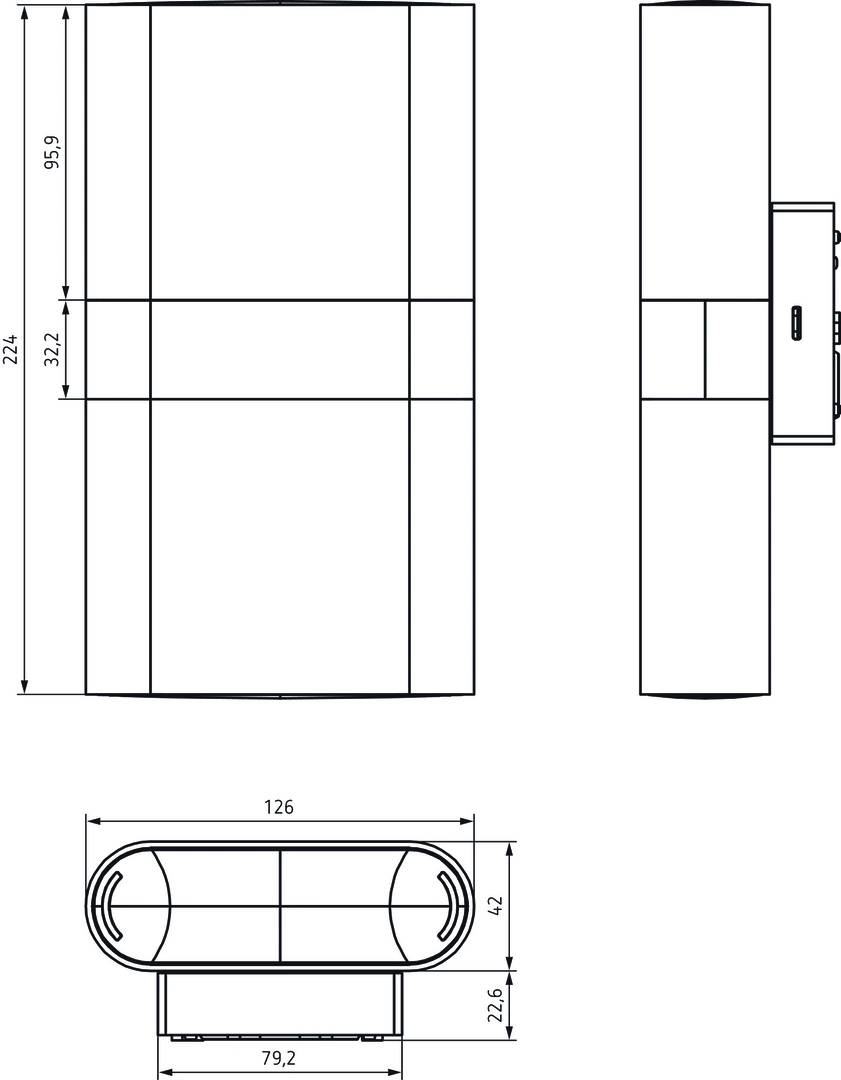 Technische Zeichnung eines rechteckigen Objekts mit Seitenansichten, Maßen in mm: 95,9 x 32,4 x 126. Detaillierte Linienführung.
