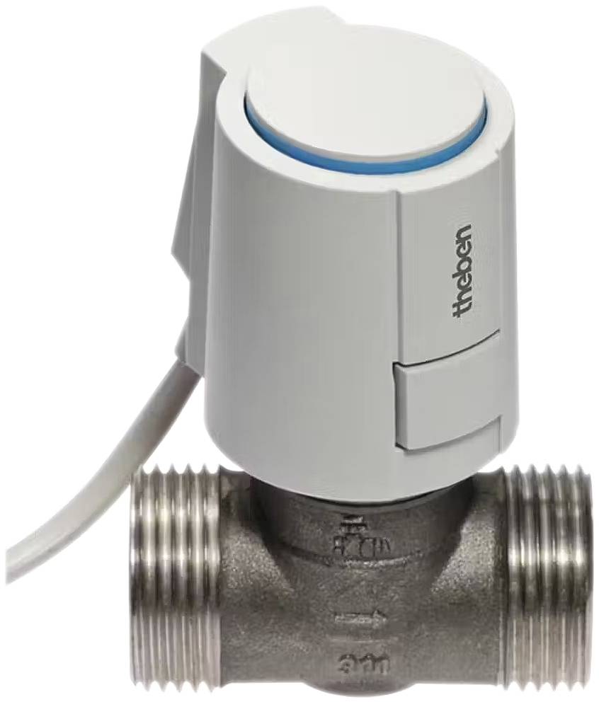 Thermostatventil mit weißem Gehäuse, blauer Ring oben, Markenzeichen 'theben', montiert auf Metallrohr mit Außengewinde.