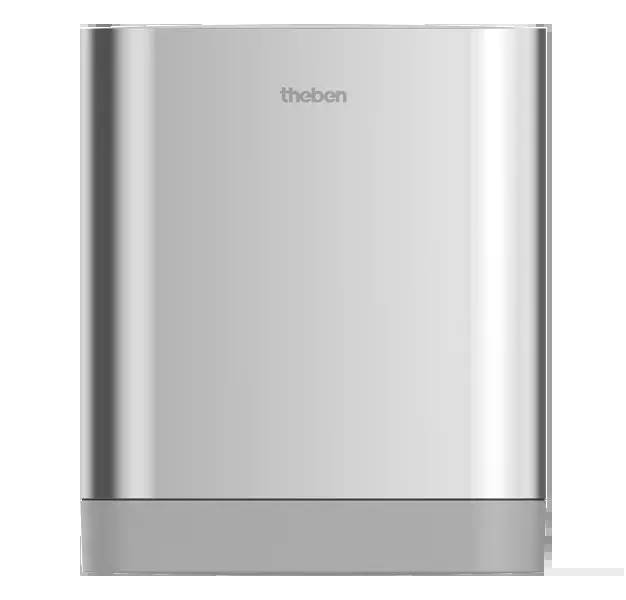 Ein moderner, silberfarbener Bewegungsmelder mit schlichtem Design und dem Logo 'theben' oben.