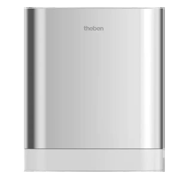 Eine silberne Außenleuchte mit modernem Design und der Aufschrift 'theben' oben in der Mitte.