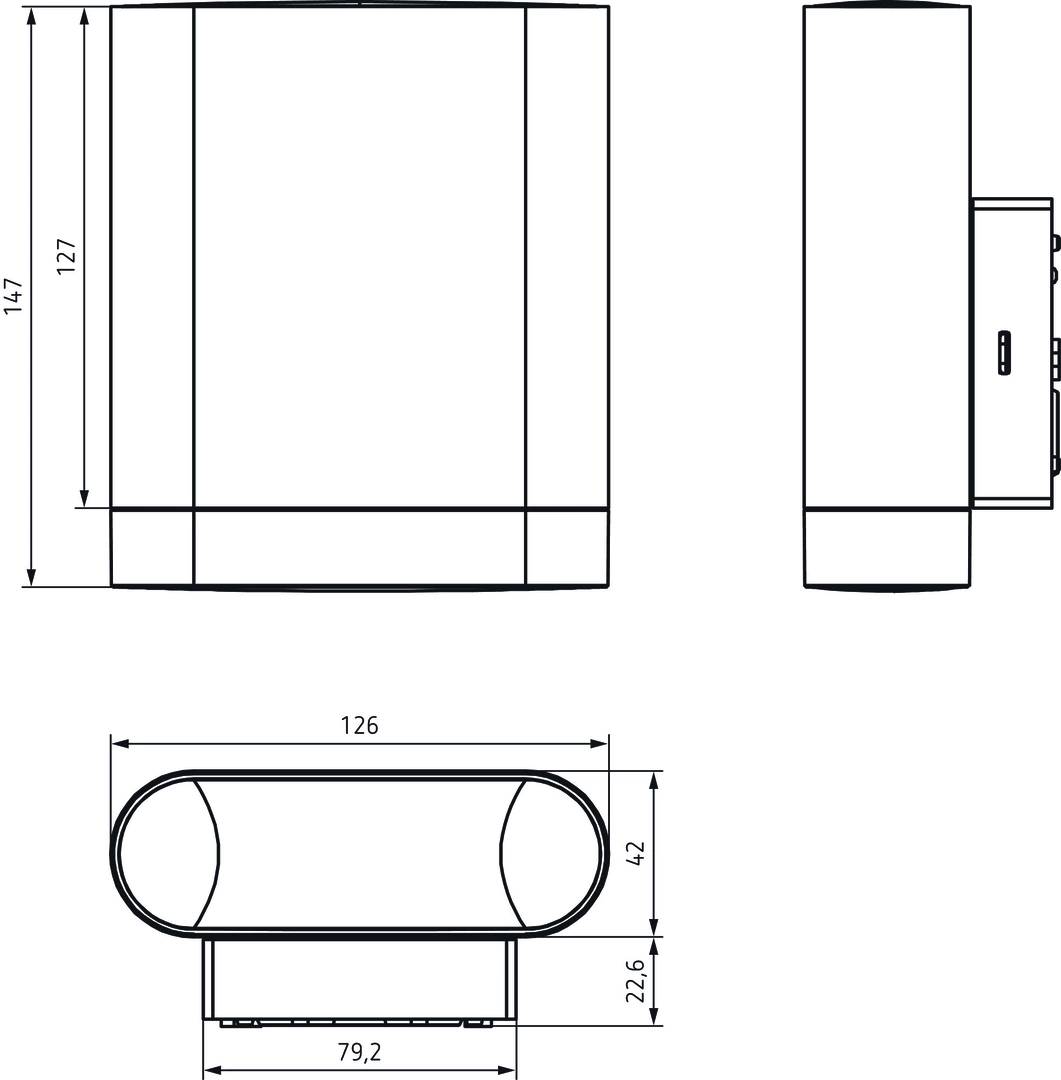 Technische Zeichnung eines rechteckigen Objekts mit Maßen: Höhe 147mm, Breite 126mm, Tiefe 42mm. Vorder-, Seiten- und Draufsicht.