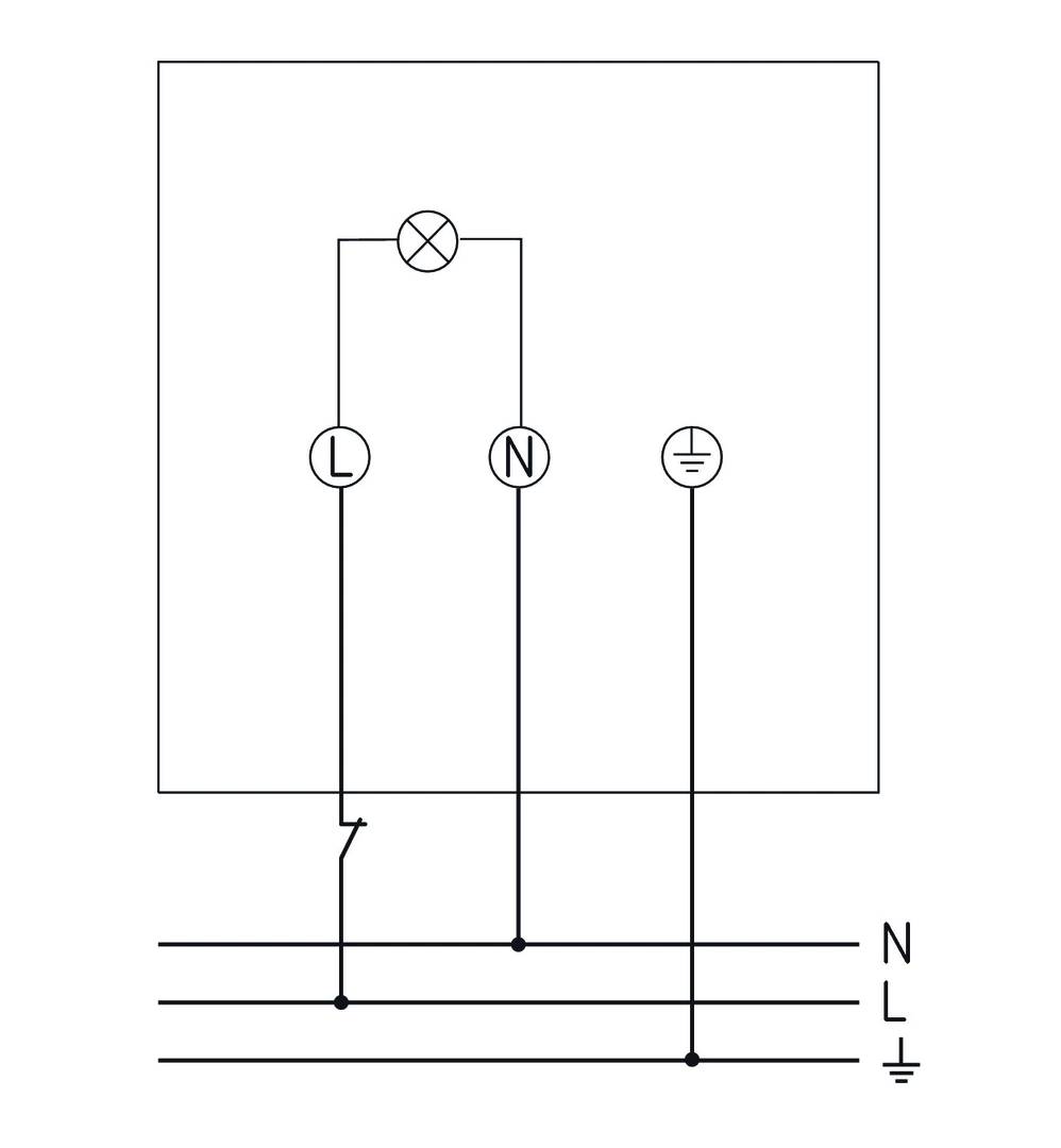 Elektrischer Schaltplan mit Lichtsymbol, das in eine L- und N-Leitung und einen Erdungspunkt integriert ist.