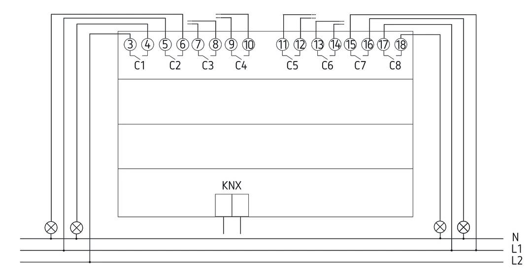 Schaltplan mit nummerierten Anschlüssen von C1 bis C8 und C9 bis C18, zeigt KNX-Komponente im Zentrum.