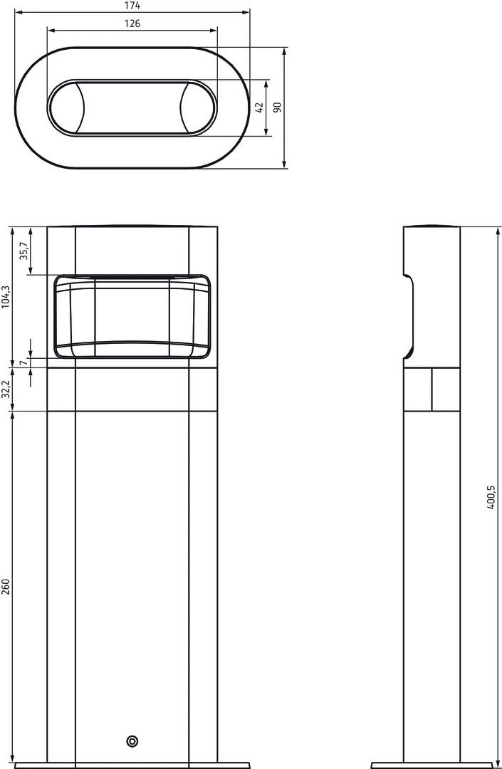 Technische Zeichnung eines rechteckigen Behälters mit detaillierten Maßen und Linien, die genaue Abmessungen und Proportionen zeigen.