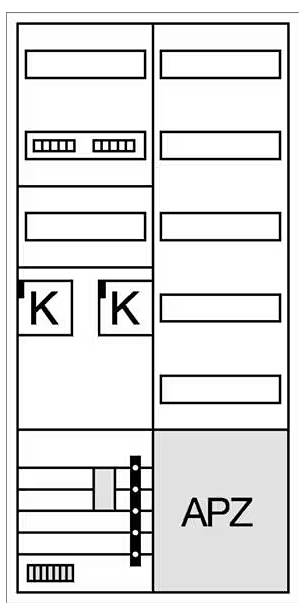 Diagramm eines Schaltschranklayouts mit verschiedenen Fächern für Klemmen ('K') und Platz für einen 'APZ'-Bereich rechts unten.