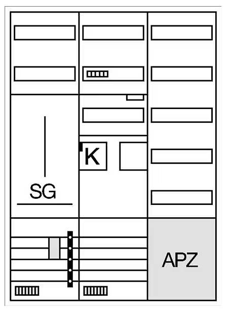'Schaltplan mit verschiedenen rechteckigen Feldern, Beschriftungen 'SG', 'K' und 'APZ' zeigt eine elektrische Anlage.'