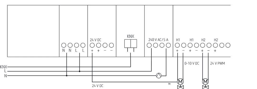 Schaltplan zeigt Verkabelung für 24 V DC, KNX und 240 V AC mit einem Schalter verbunden.