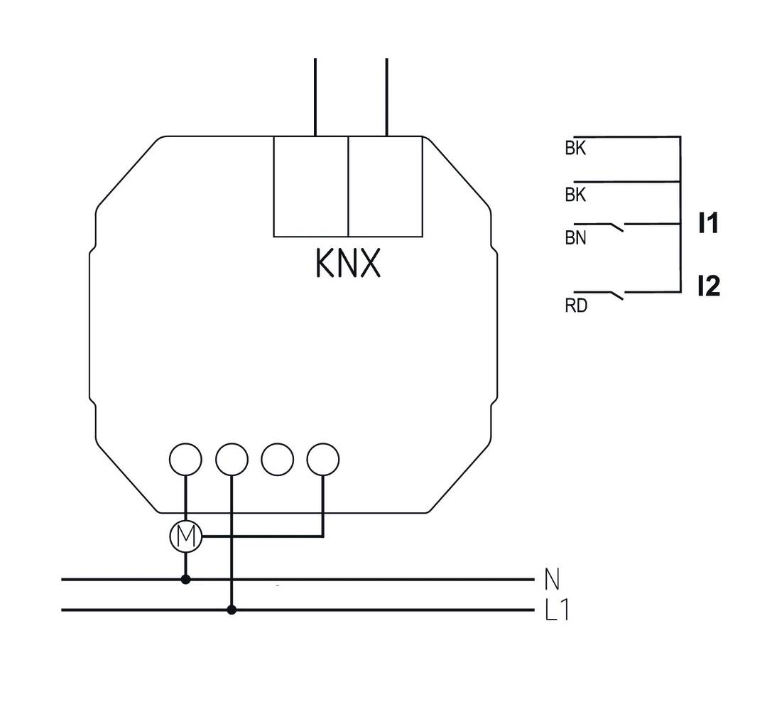 Diagramm eines KNX-Schalters, das elektrische Leitungen zu zwei Ausgängen I1 und I2 zeigt, mit vier Kabeln (BK, BN, RD, M).
