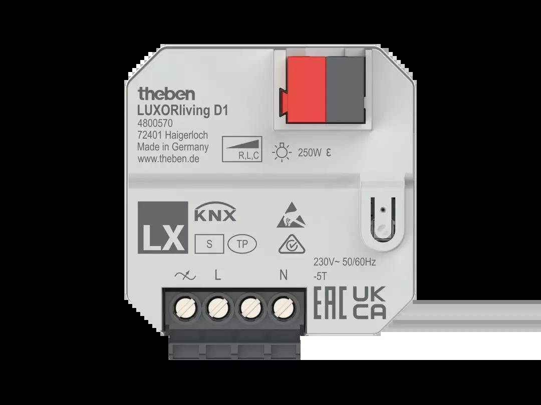 Gerät mit elektrischen Anschlüssen und Aufschrift 'theben LUXORliving D1'. Zeigt technische Symbole und Spezifikationen an.