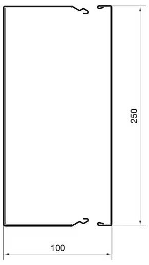 Technische Zeichnung eines rechteckigen Metallprofils mit den Maßen 250 mm x 100 mm und Haken an den Ecken.