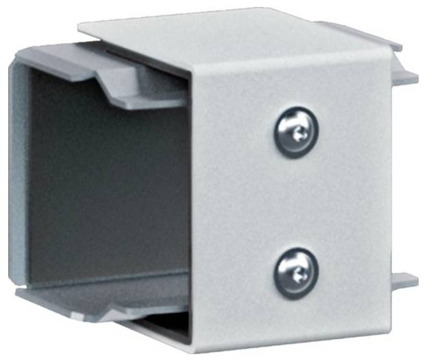 Ein verzinktes Aluminium-Verbindungsstück mit zwei Schrauben zur Befestigung an quadratischen Rohren in einer modularen Struktur.