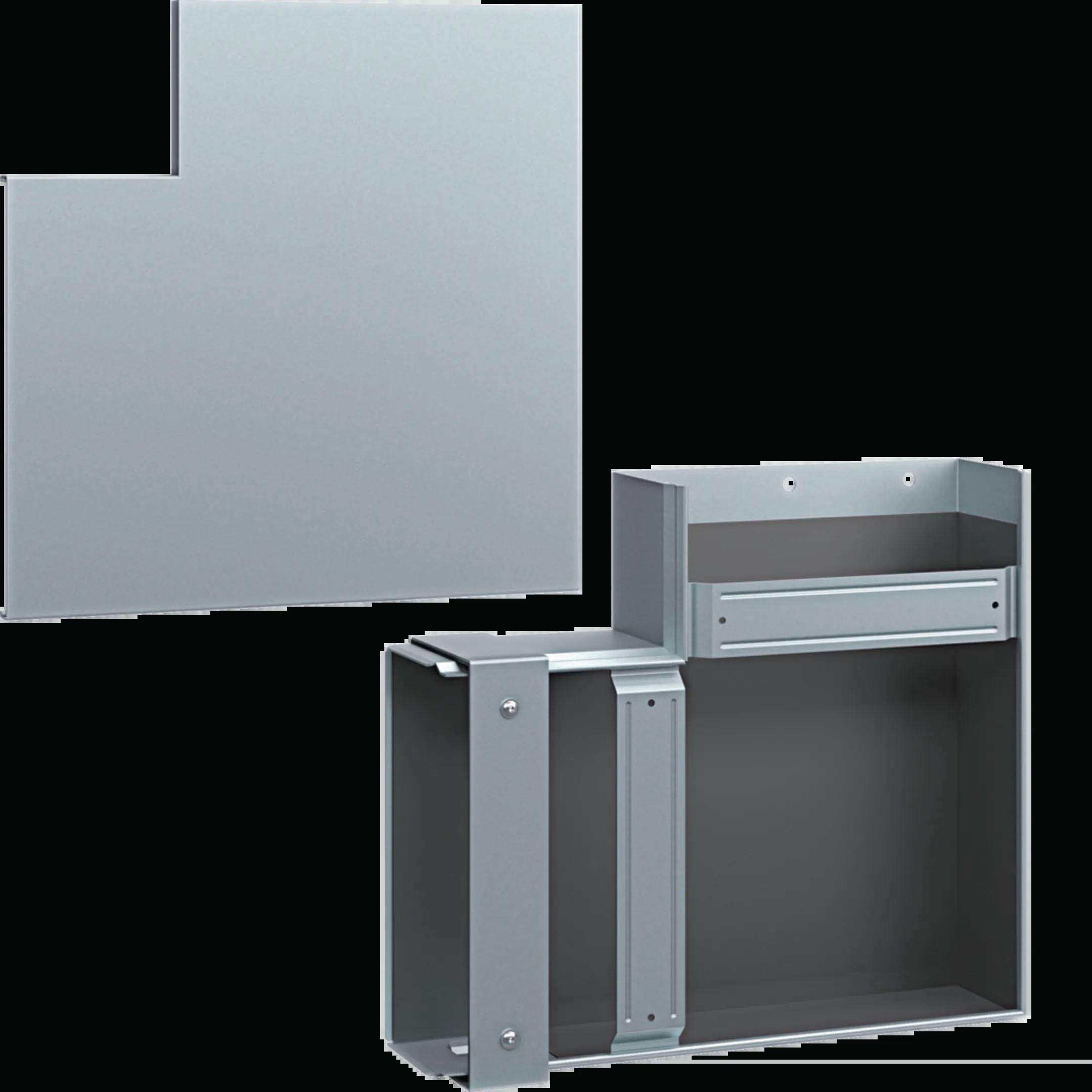 Metallgehäuse mit abnehmbarem Panel und Schrauben, zeigt Innenraumstruktur und Montagemöglichkeiten.