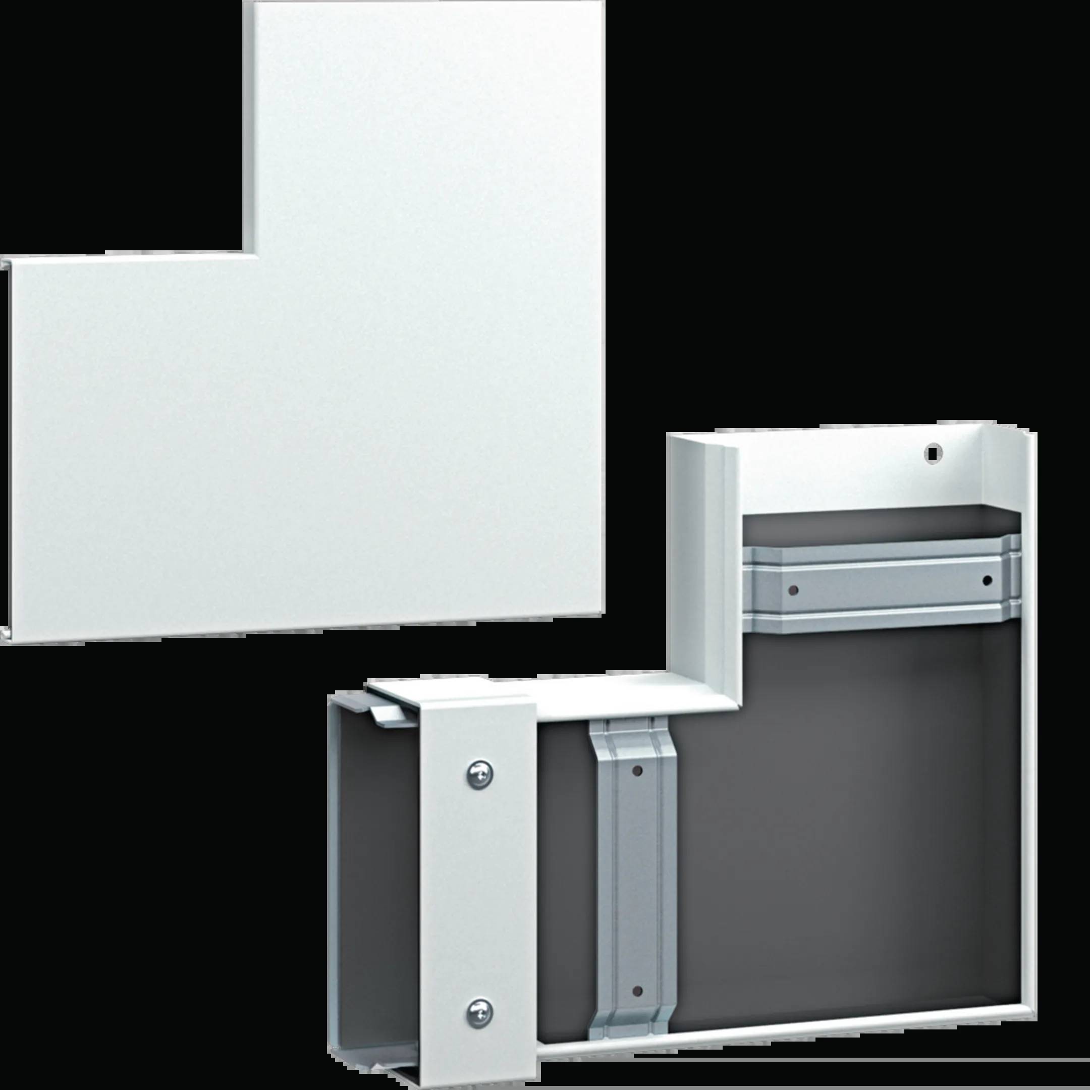 Ein weißes L-förmiges Möbelstück mit abnehmbarer Front, die eine Metallstruktur und Schrauben zeigt. Geeignet als modulares Element.