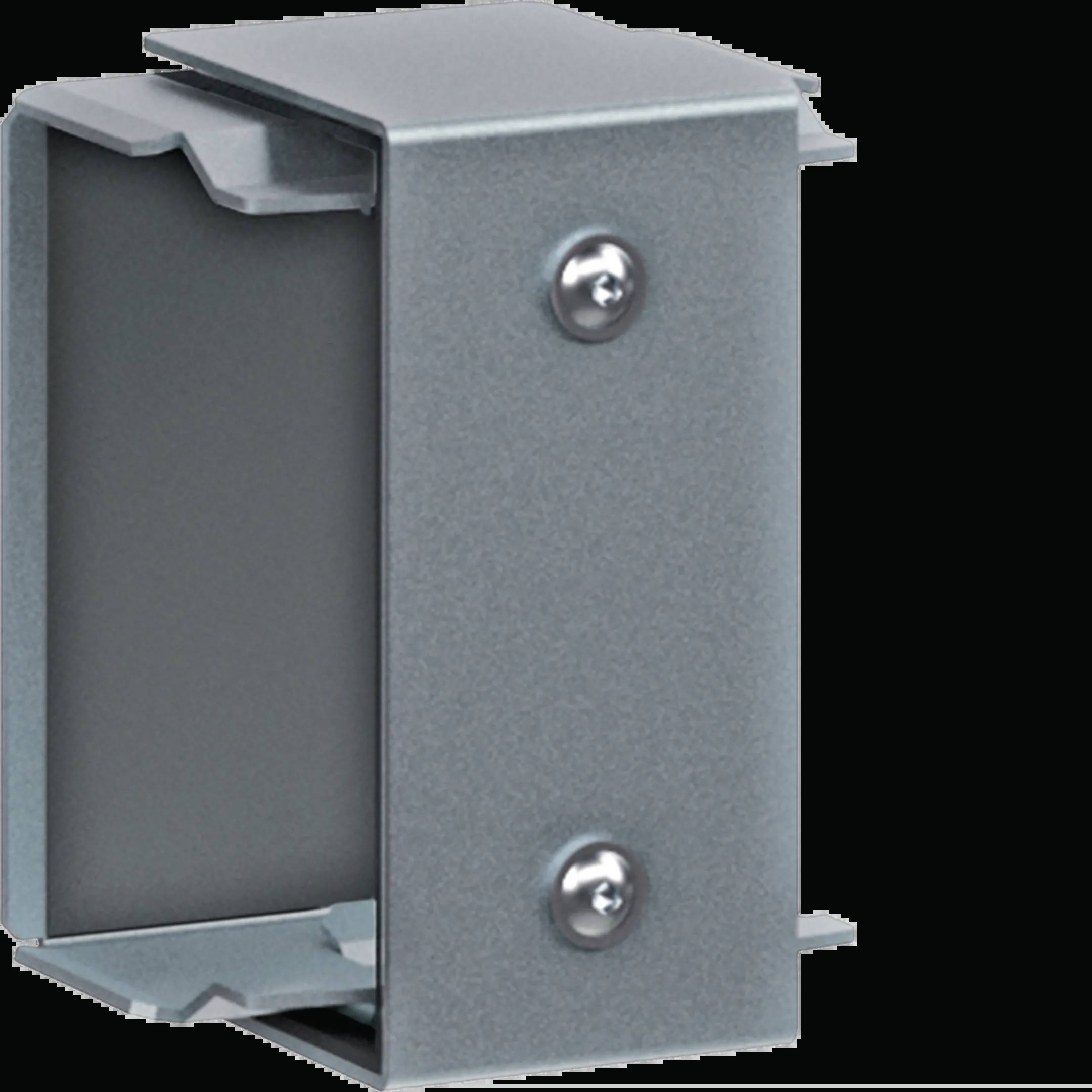 Metallisches Bauteil mit rechteckiger Form und Schrauben, möglicherweise Teil eines mechanischen oder technischen Geräts.
