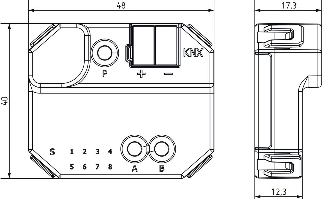 Technische Zeichnung eines Geräts mit elektronischen Anschlüssen, nummerierten Ports (1-8), zwei runde Knöpfe (A, B) und 'KNX'-Beschriftung.