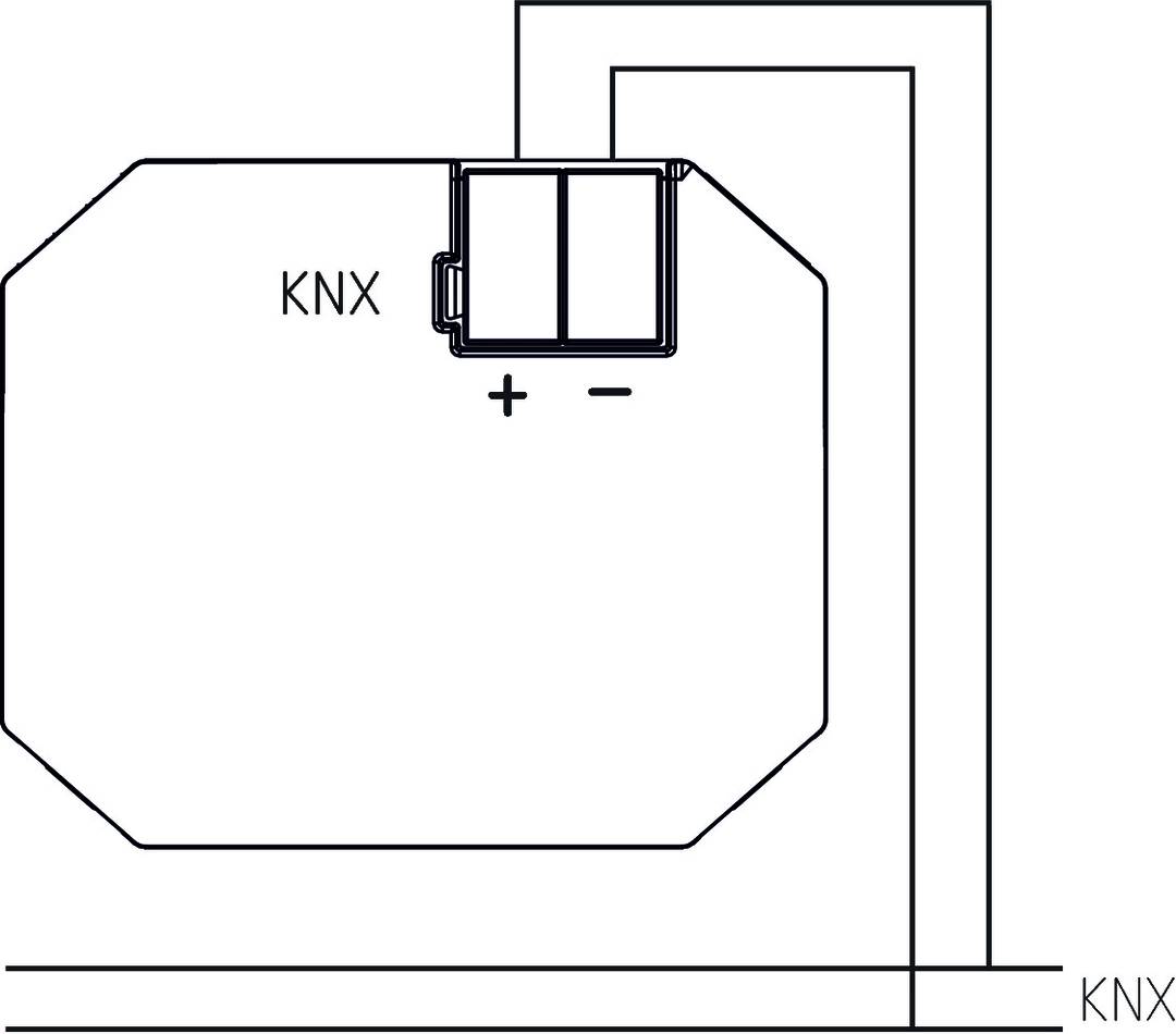 Schaltplan eines elektrischen Geräts mit einer Box oben rechts, markiert mit 'KNX' und '+' und '-' Symbolen.