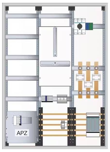 Schema einer elektrischen Verteilung, zeigt Absicherungen, Leiterschienen und das Label 'APZ' in der unteren linken Ecke.