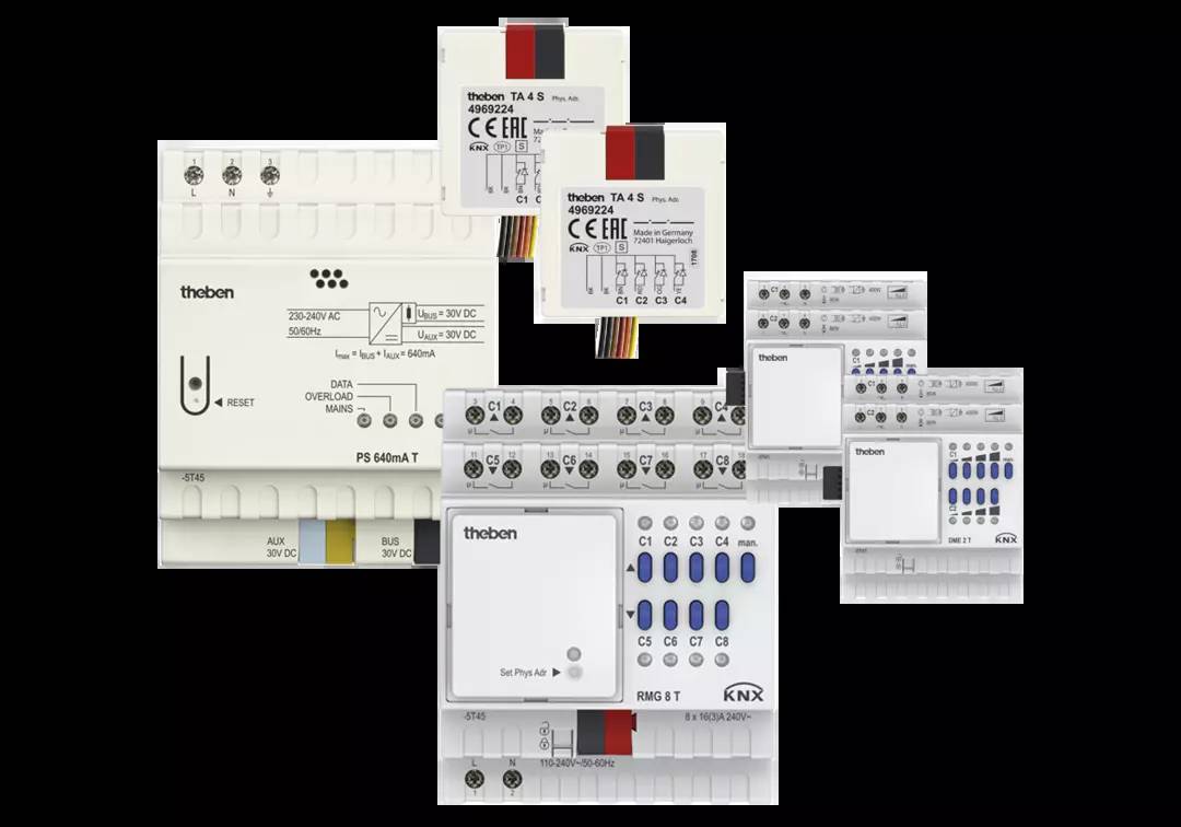 Verschiedene elektronische Bauteile von Theben für DIN-Schienenmontage, einschließlich Zeit- und Schaltmodule, auf schwarzem Hintergrund.