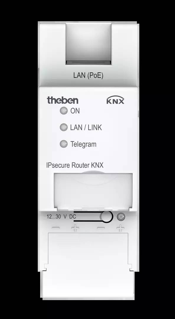 'IPsecure Router KNX' von Theben mit LEDs für ON, LAN/LINK und Telegram. Anschlüsse für LAN (PoE) und 12...30 V DC.