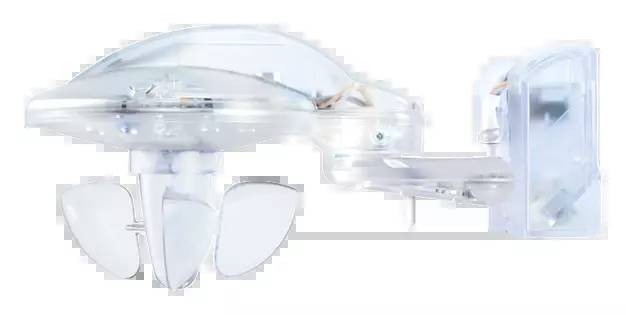 Ein transparentes, rundes Gerät mit einem Ventilator darunter, möglicherweise ein kleiner Lüfter oder Luftreiniger, aus Kunststoff.