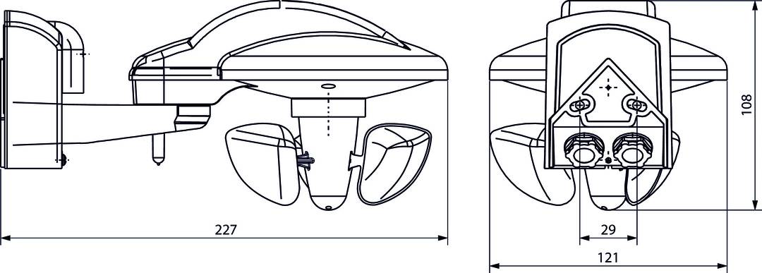 Technische Zeichnung eines Wasserstrahl-Schneckengehäuses mit Flügeln, das die Frontansicht und die Maße zeigt.