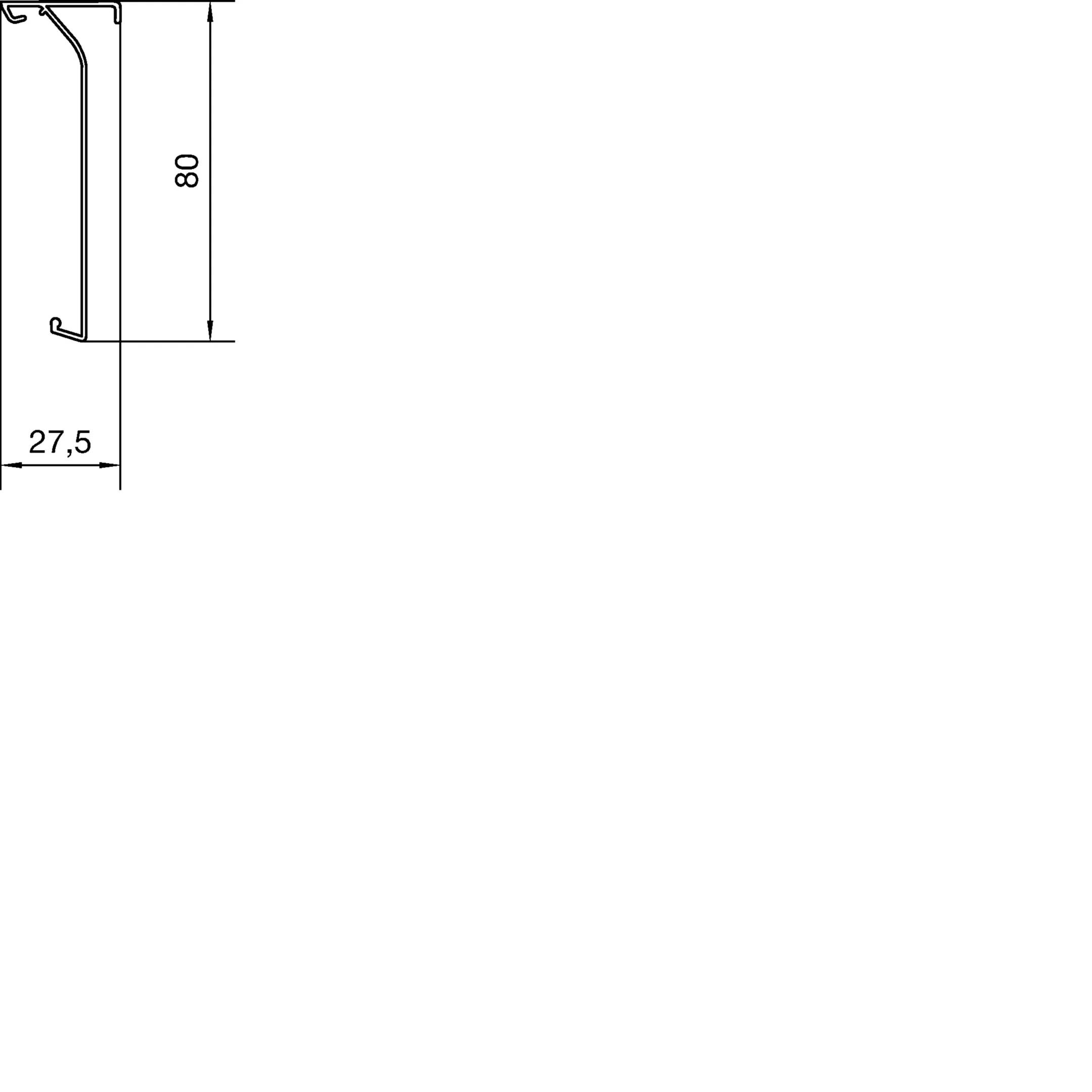 Technische Zeichnung eines Metallprofils. Höhe 80mm, Breite 27,5mm. Zeigt die Form und Maße von der Seite.
