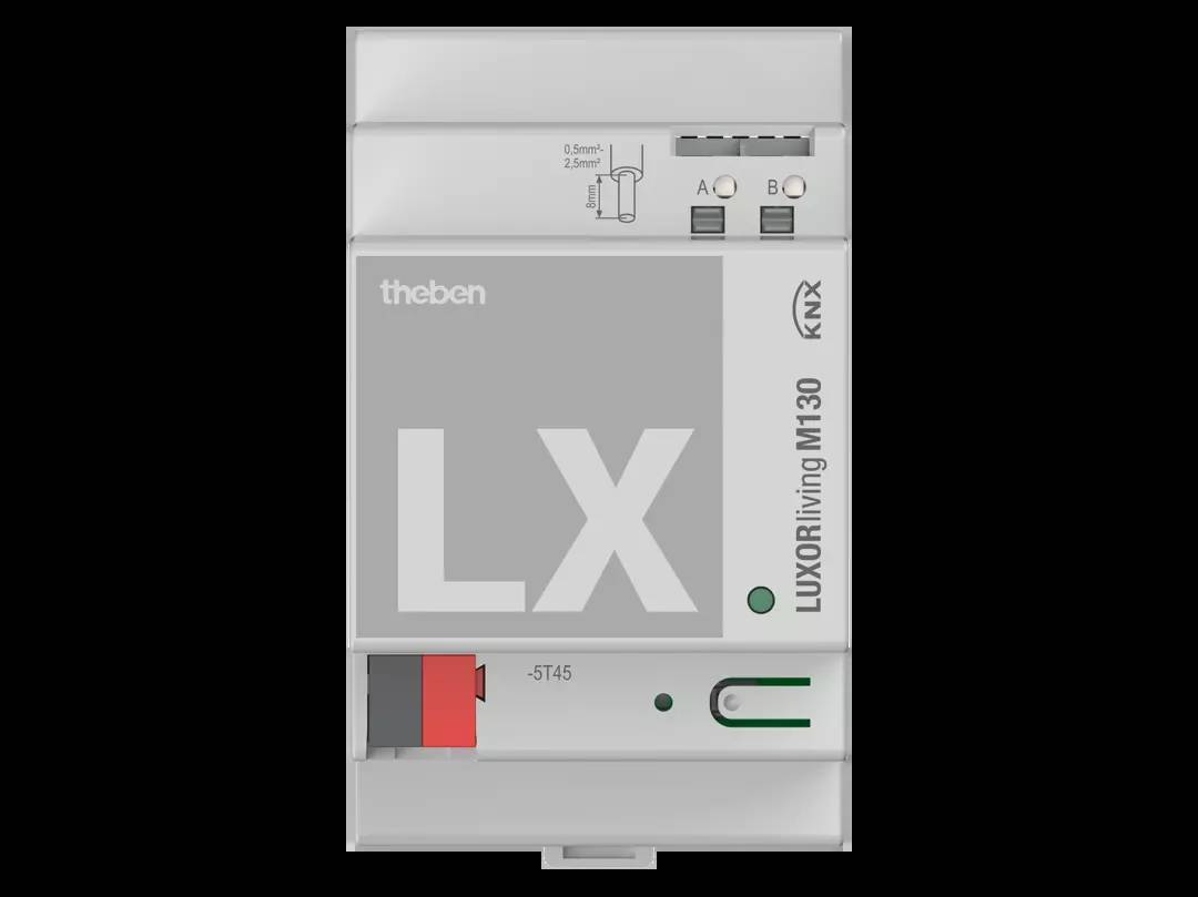 Ein graues Gerät mit der Aufschrift 'LX' für Hausautomatisierung, Marke Theben. Zeigt Anschlüsse und Kontrolllampen mit weiteren technischen Details.