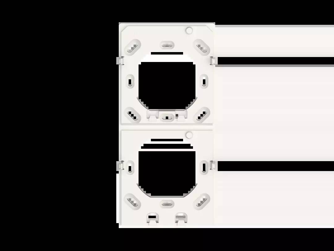 Zwei weiße, quadratische Steckdosenrahmen nebeneinander mit rechteckigen Aussparungen in der Mitte.