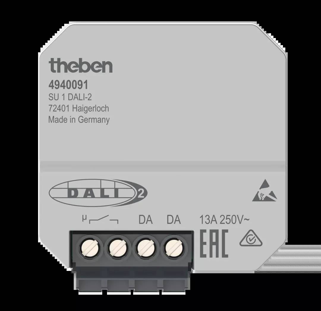 Ein DALI-2 Steuergerät von Theben, Modell 4940091, mit Angaben zu Spannung (13A, 250V~) und Herkunft ('Made in Germany').