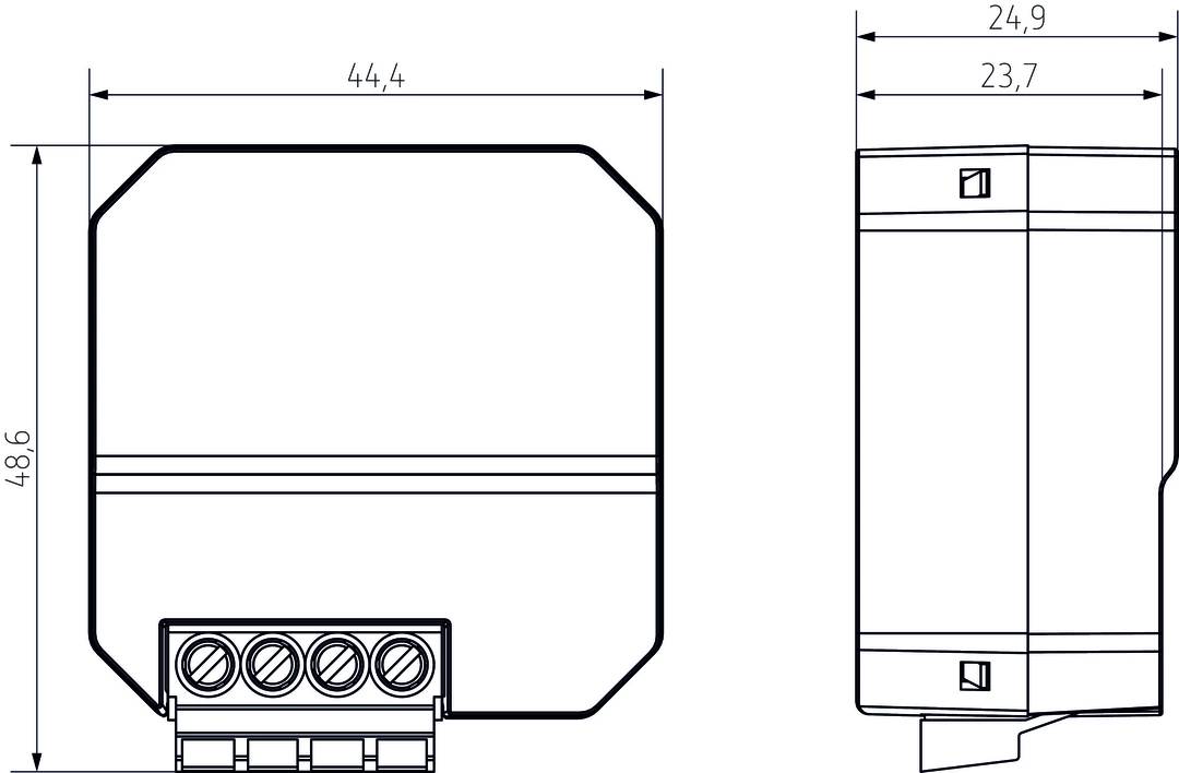 Technische Zeichnung einer rechteckigen Komponente mit Maßen, Anschlüssen und Linien, die die Struktur und Funktionalität darstellen.