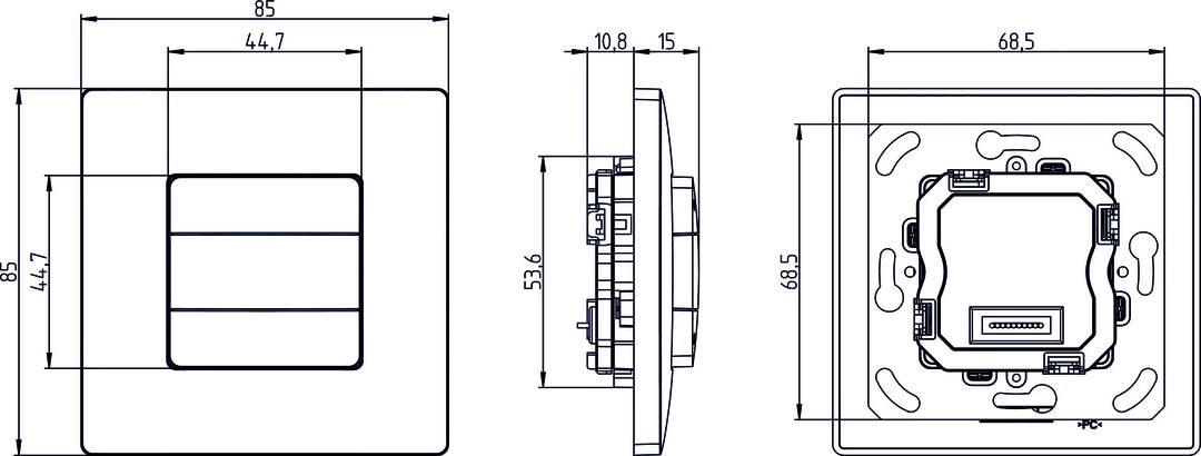 Technische Zeichnung eines kreisförmigen Schalters in Seitenansicht mit Abmessungen: Durchmesser 68,5 mm, Tiefe 15 mm.