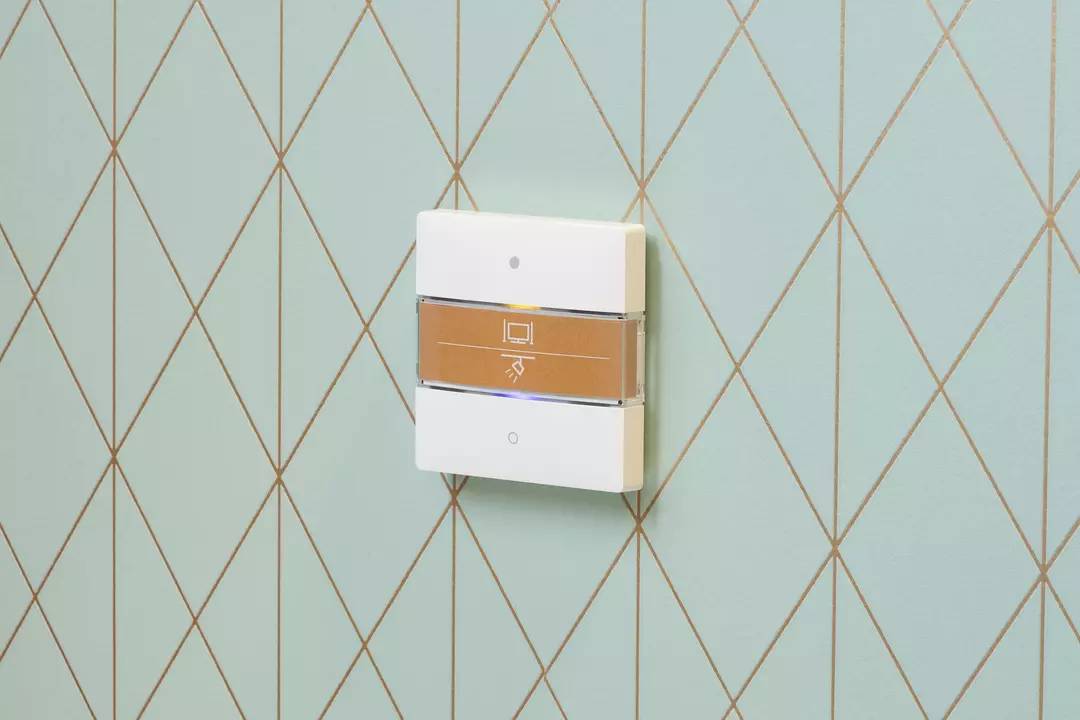 Ein weißer Lichtschalter mit goldener Leiste und Icon an einer mintfarbenen Wand mit goldenem Rautenmuster.