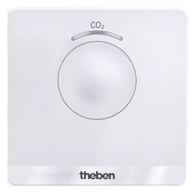 Ein weißer CO2-Sensor von Theben mit kreisförmigem Design, zeigt den CO2-Gehalt an.