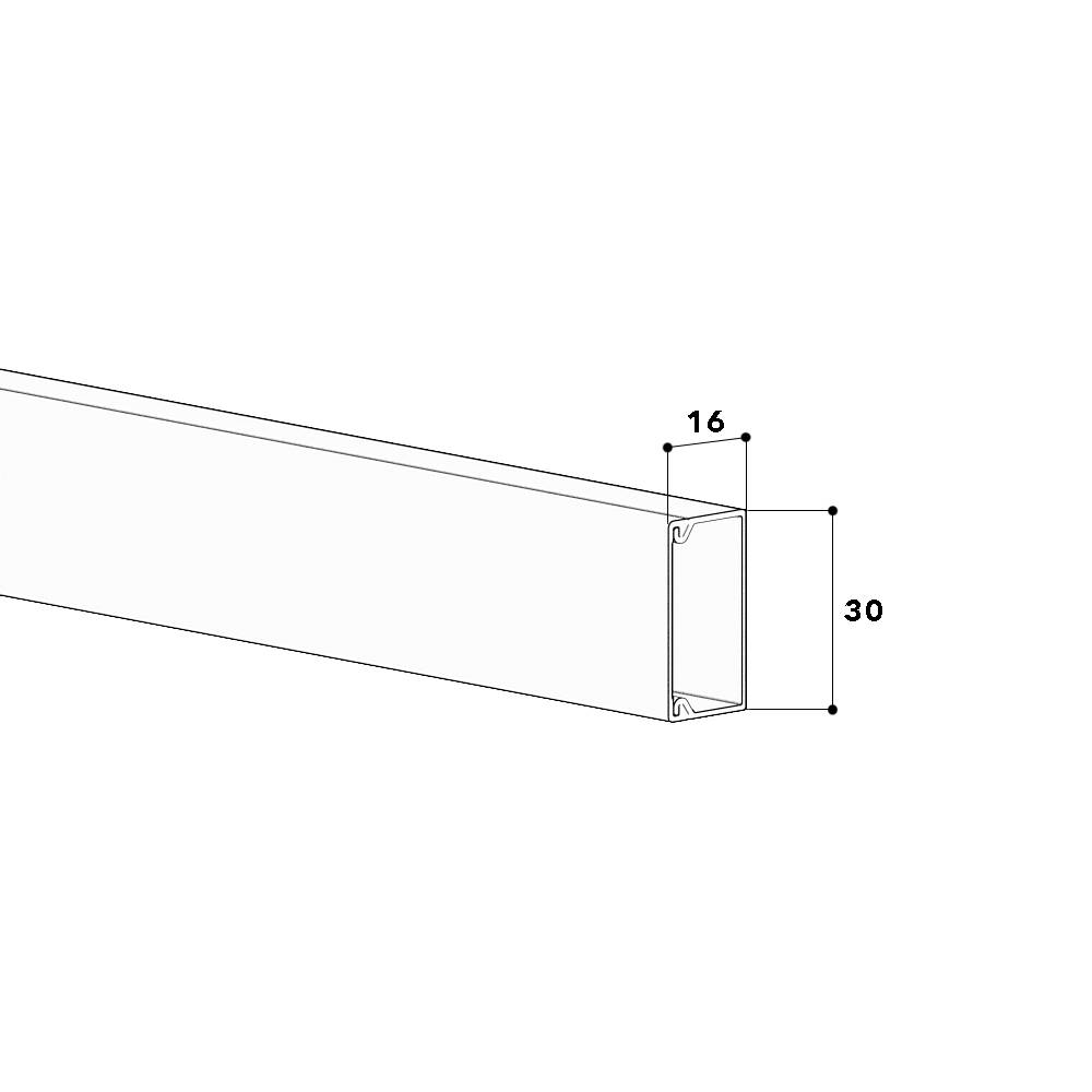 Technische Zeichnung eines C-Profils. Die Breite beträgt 16 mm, die Höhe 30 mm. Das Bild zeigt eine 3D-Darstellung des Querschnitts.