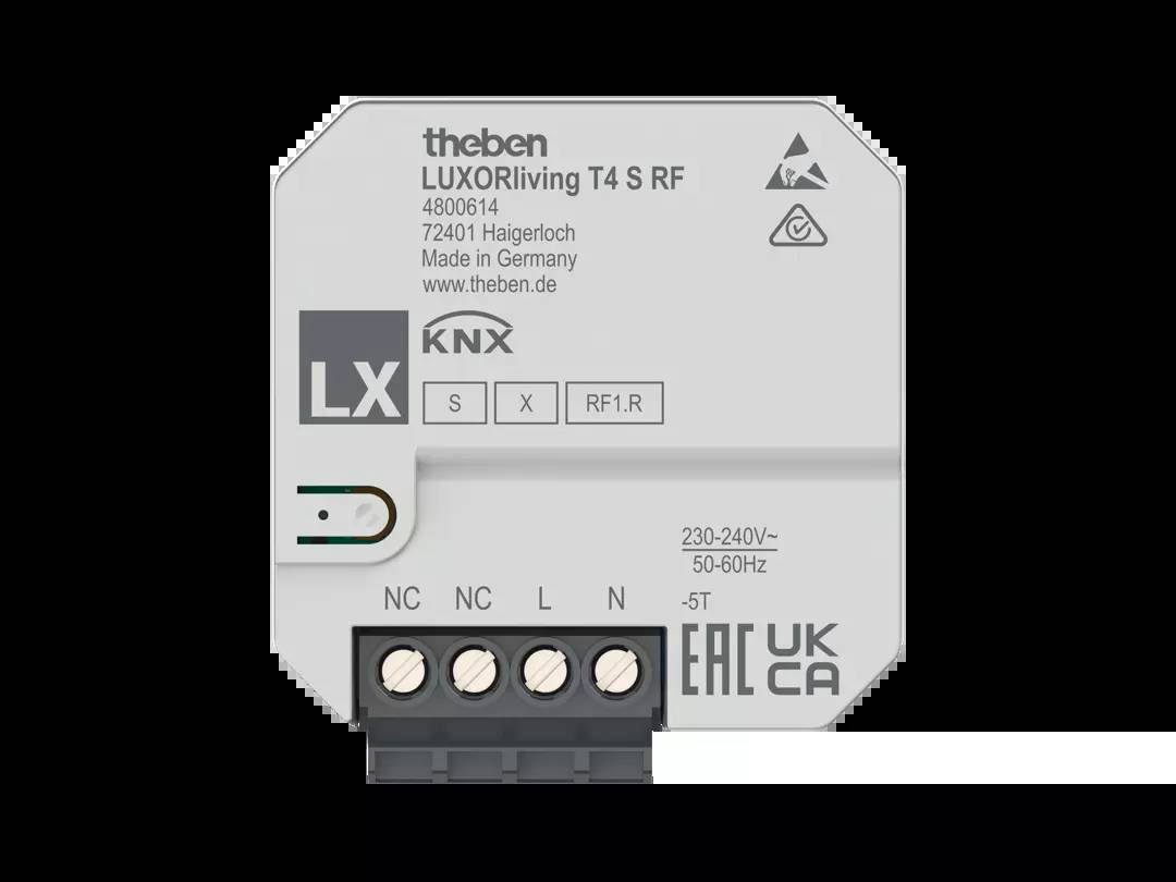 Ein elektrisches Gerät von Theben, Modell 'LUXORliving T4 S RF', für KNX-Systeme. Es besitzt Anschlüsse für 230-240V, 50-60Hz.