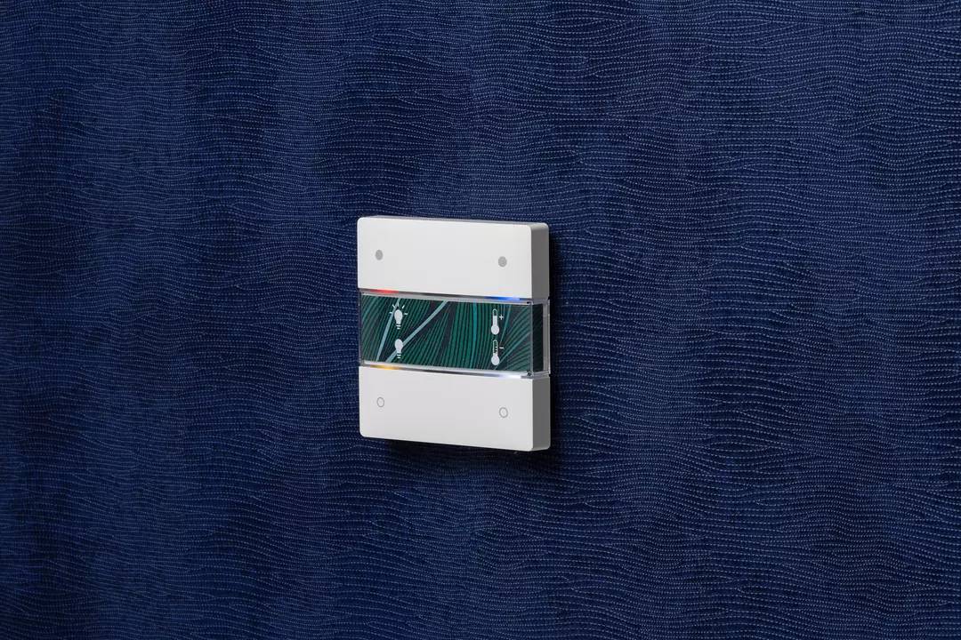 Ein weißer Lichtschalter an einer dunkelblauen Wand. Der Schalter hat ein grünes Muster und zwei kleine Lämpchen.