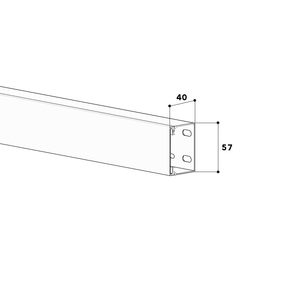 Metallschiene mit rechteckigem Querschnitt, Lochungen auf der Seite. Maße: 40 mm Höhe, 57 mm Breite.