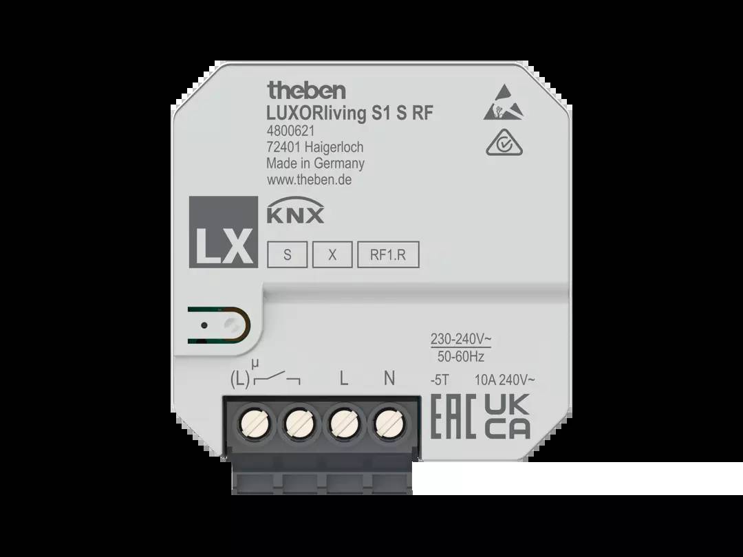 Ein elektrisches KNX-Modul von Theben, Modell LUXORliving S1 S RF, mit technischen Spezifikationen und Anschlüssen, zur Automatisierung.