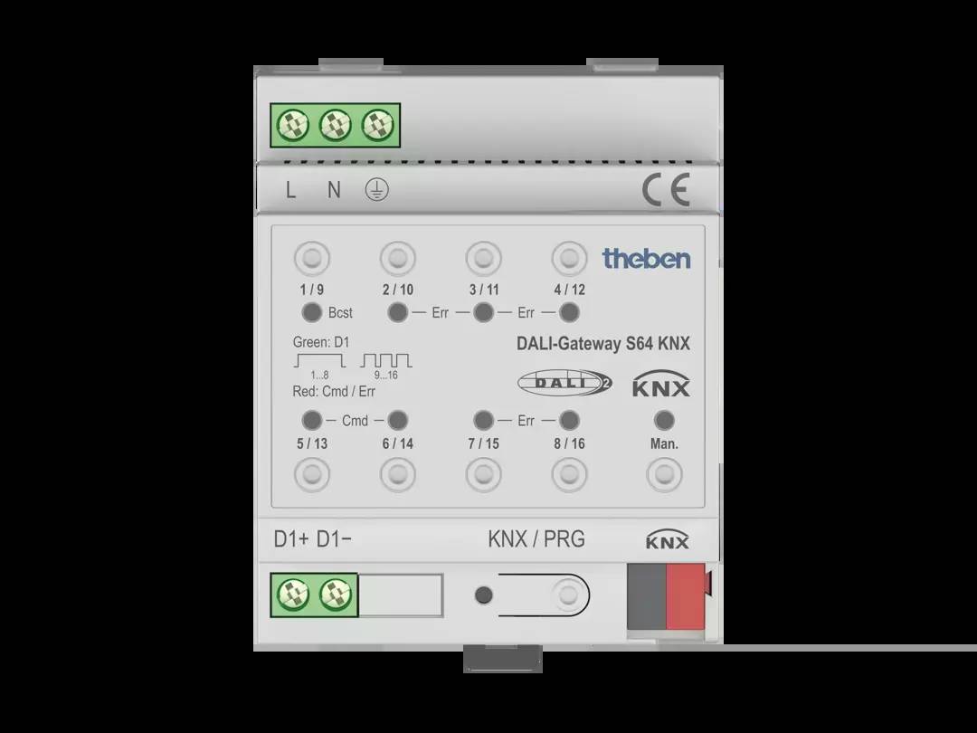 DALI-Gateway S64 KNX von Theben zeigt LED-Statusanzeigen für verschiedene Funktionen. Eingänge für L, N und DALI-Anschlüsse sichtbar.