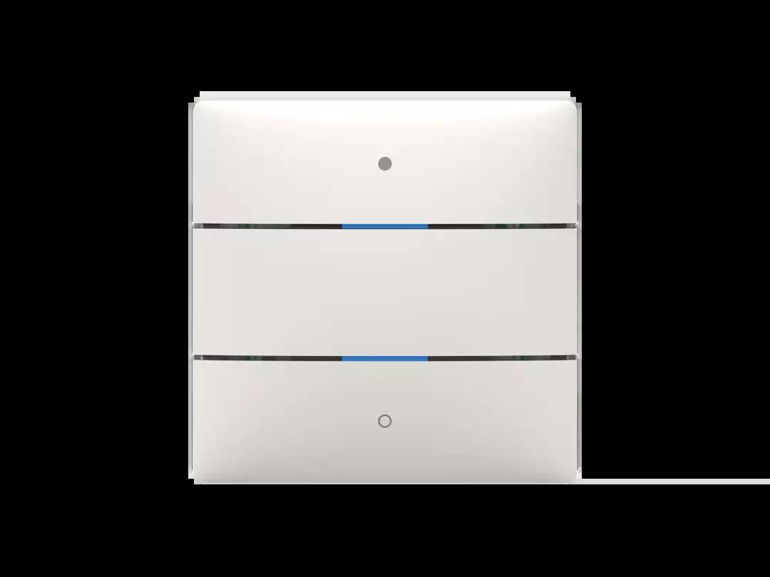 Ein quadratischer, weißer Lichtschalter mit zwei Schaltflächen und kleinen, runden, blauen Markierungen in der Mitte jeder Taste.