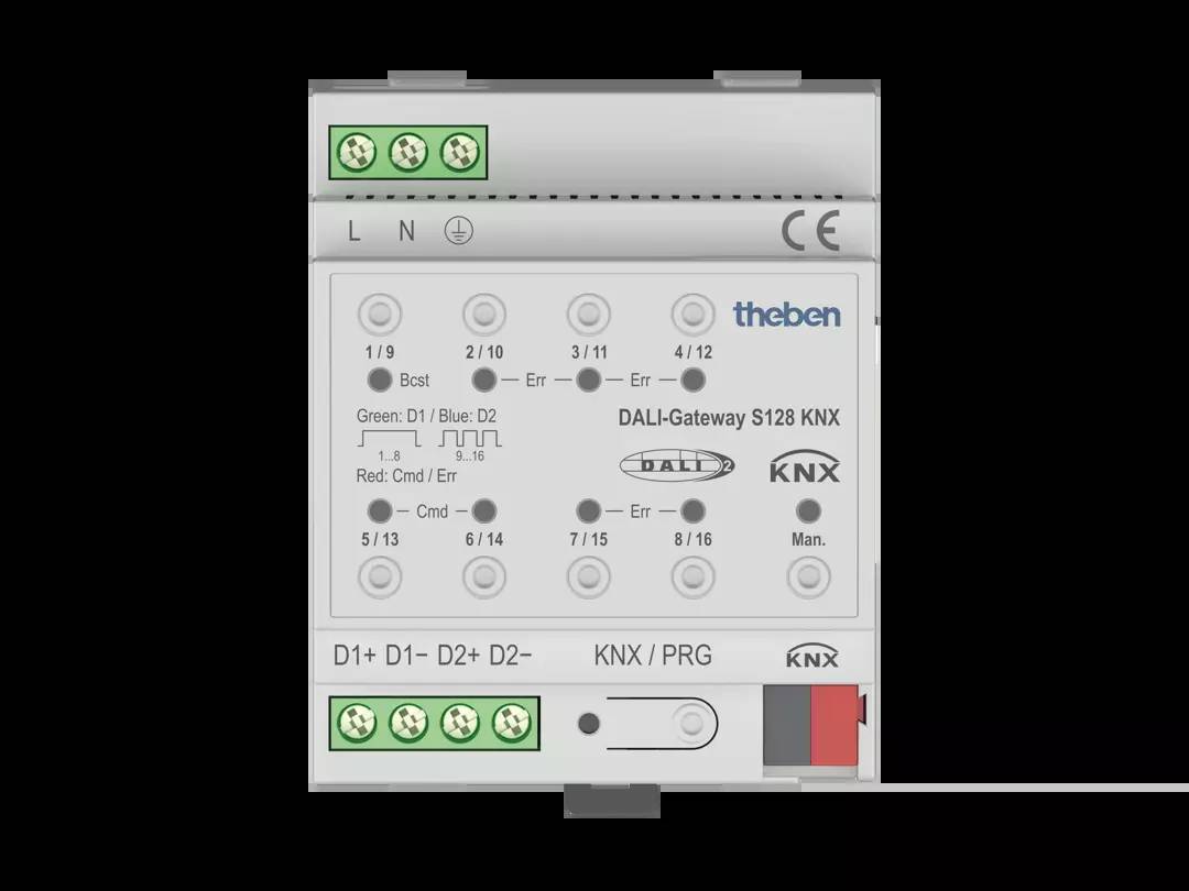 Ein DALI-Gateway von Theben, Modell S128 KNX, mit Anschlüssen und Status-LEDs, wird auf einem schwarzen Hintergrund gezeigt.