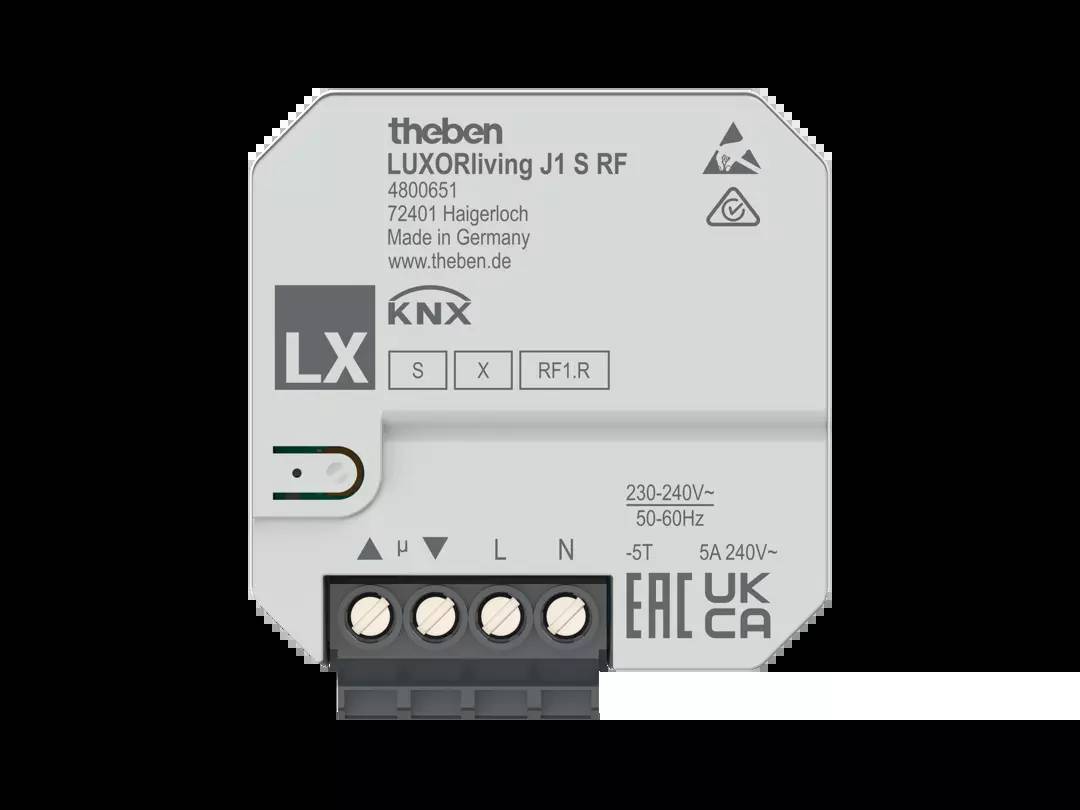 Elektronisches Modul mit Aufschrift 'LUXORliving J1 S RF', KNX-Technologie. Anschlussklemmen unten, geeignet für 230-240V. Made in Germany.